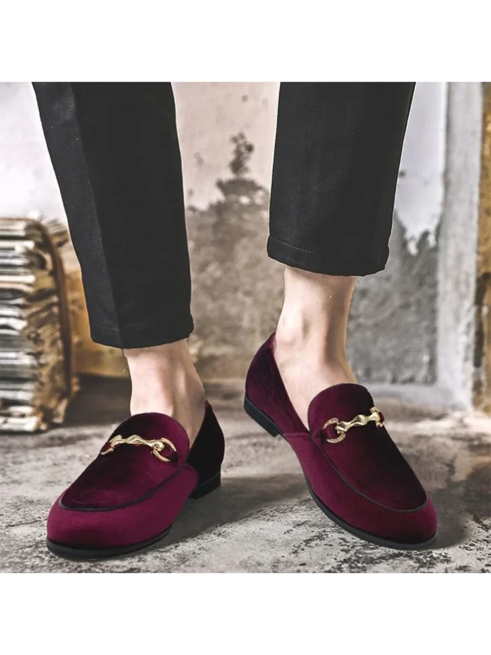Men's Burgundy Velvet Glitter Suede Gold Bit Slip On Loafer Slipper Dress Shoes
